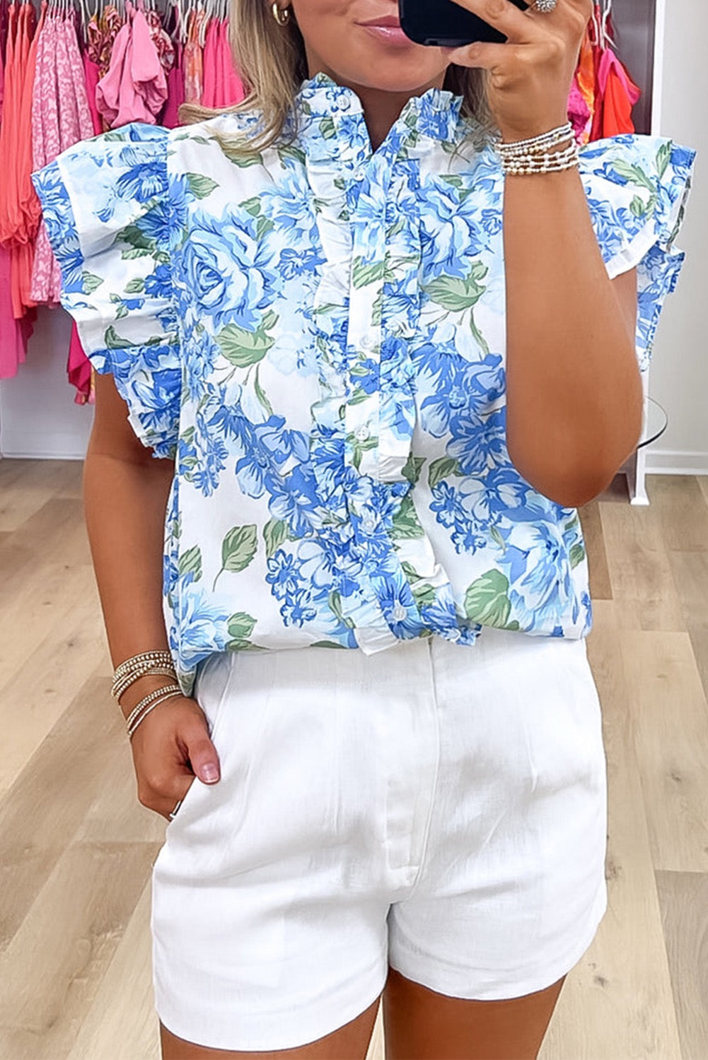 Floral Ruffle Sleeve Frilly Button Up Shirt