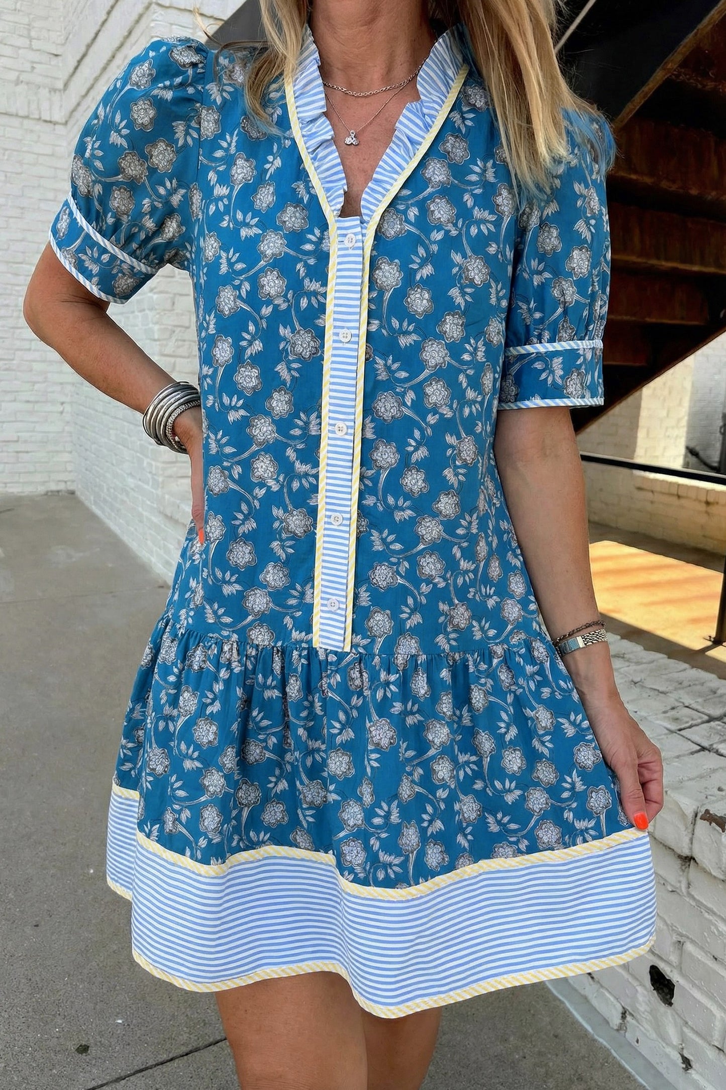 Blue Striped Trim Short Sleeve Floral Dress