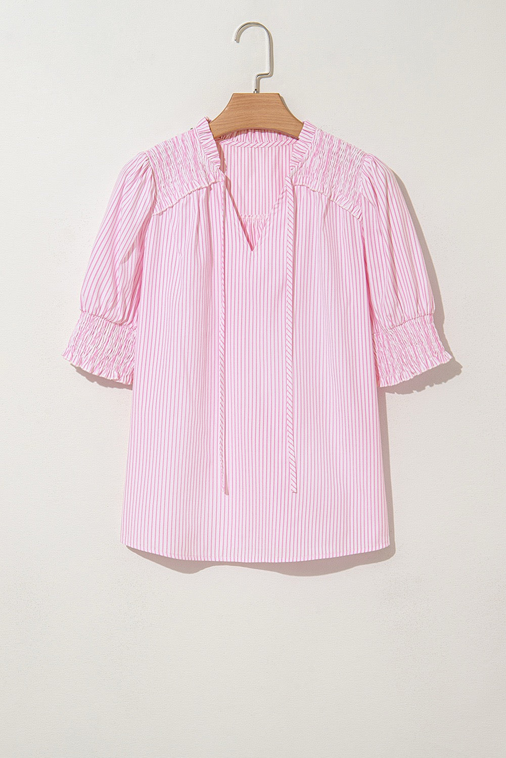 Pink Stripe Shirred Detail V Neck Puff Half Sleeve V Neck Blouse
