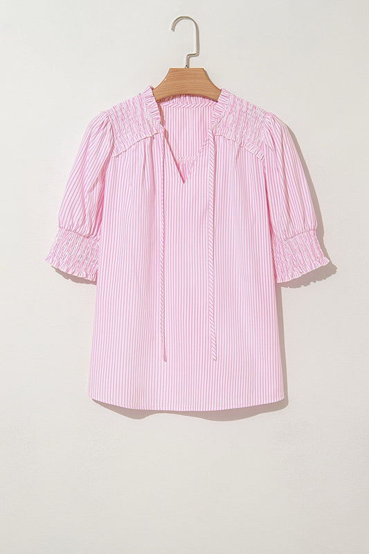 Pink Stripe Shirred Detail V Neck Puff Half Sleeve V Neck Blouse