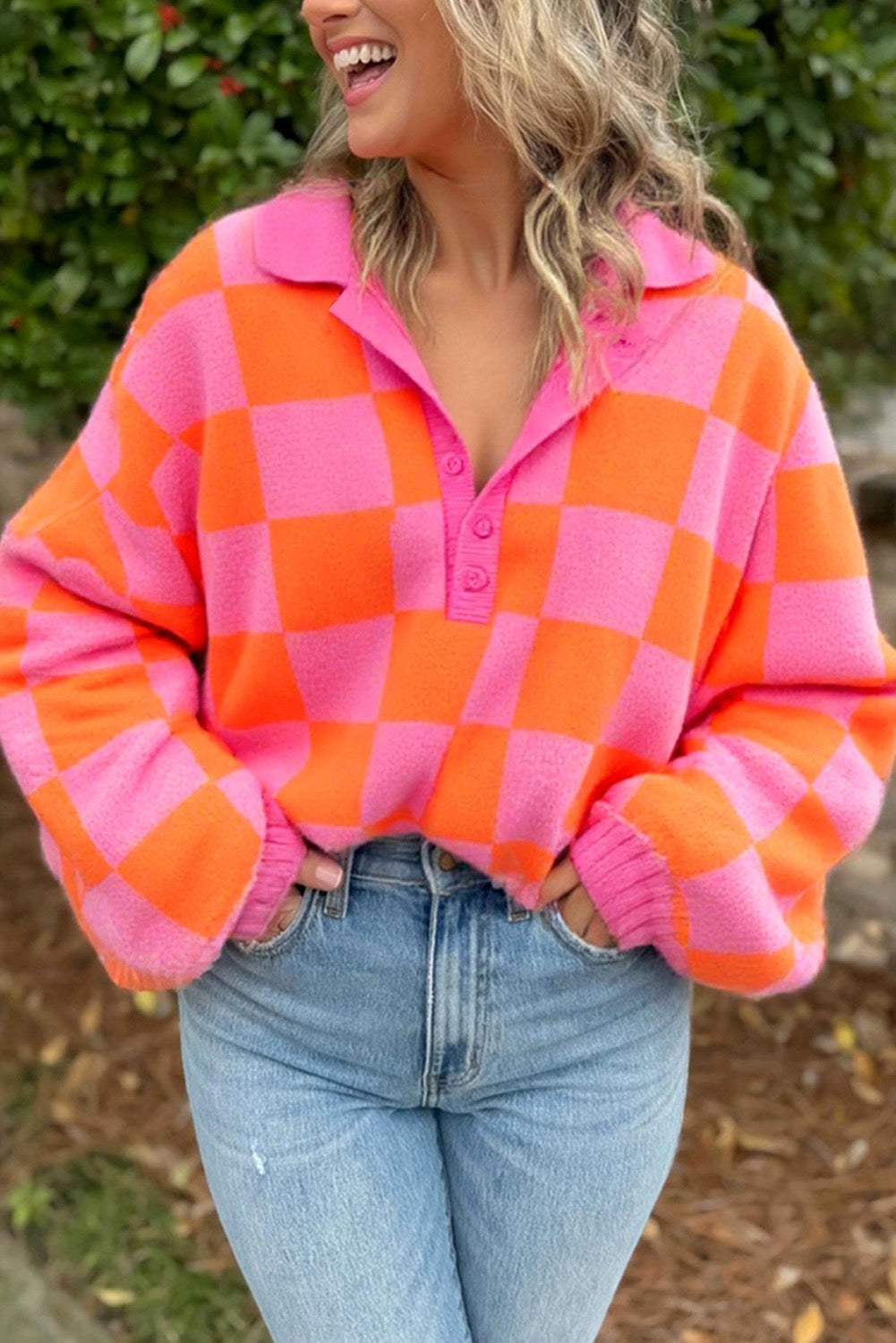 Pink Checkered Knit Baggy Sweater