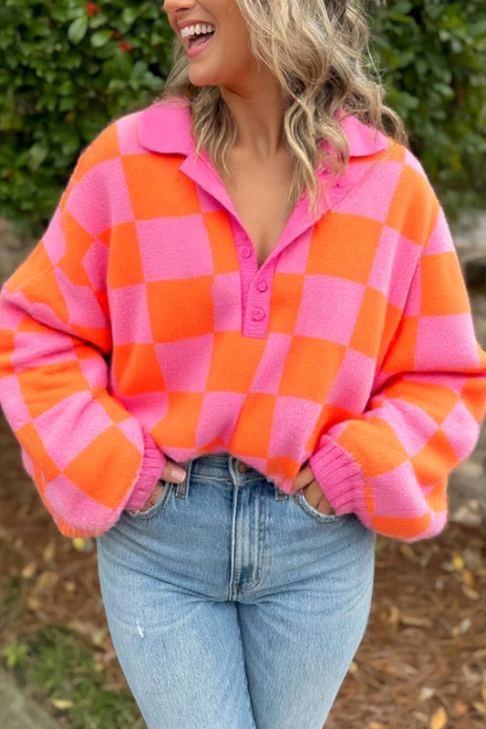 Pink Checkered Knit Baggy Sweater