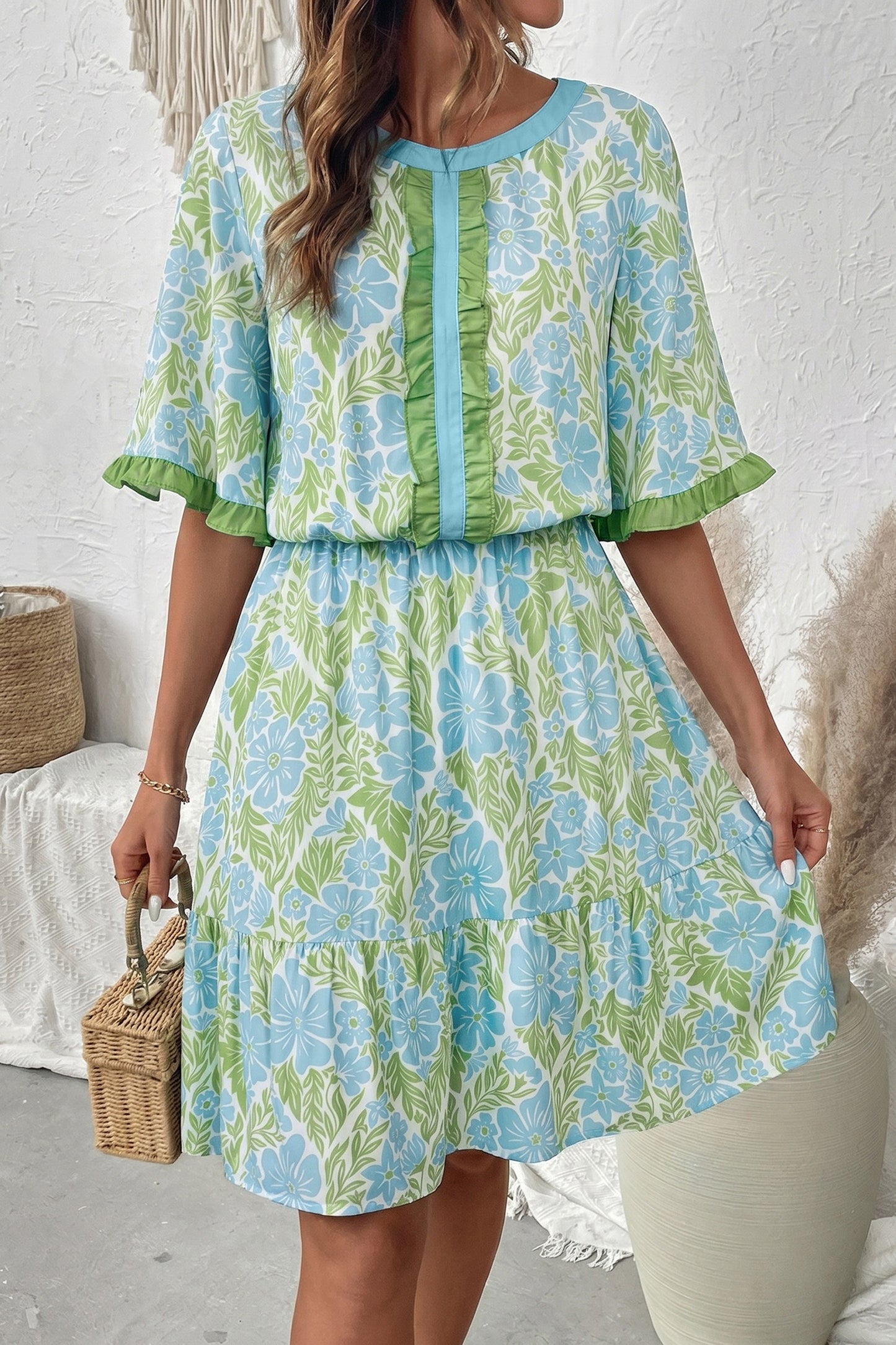 Blue Floral Print High Waist Ruffle Short Sleeve Mini Dress