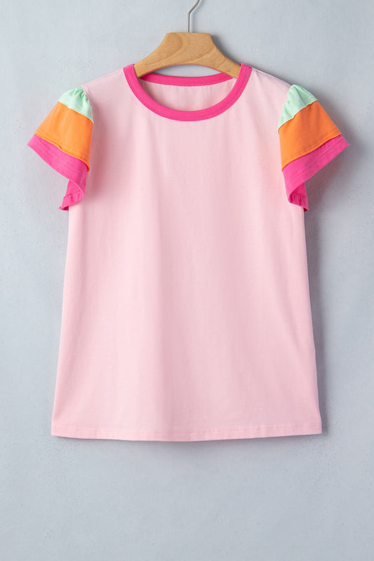 Pink Colorblock Flutter Sleeve Round Neck Tee