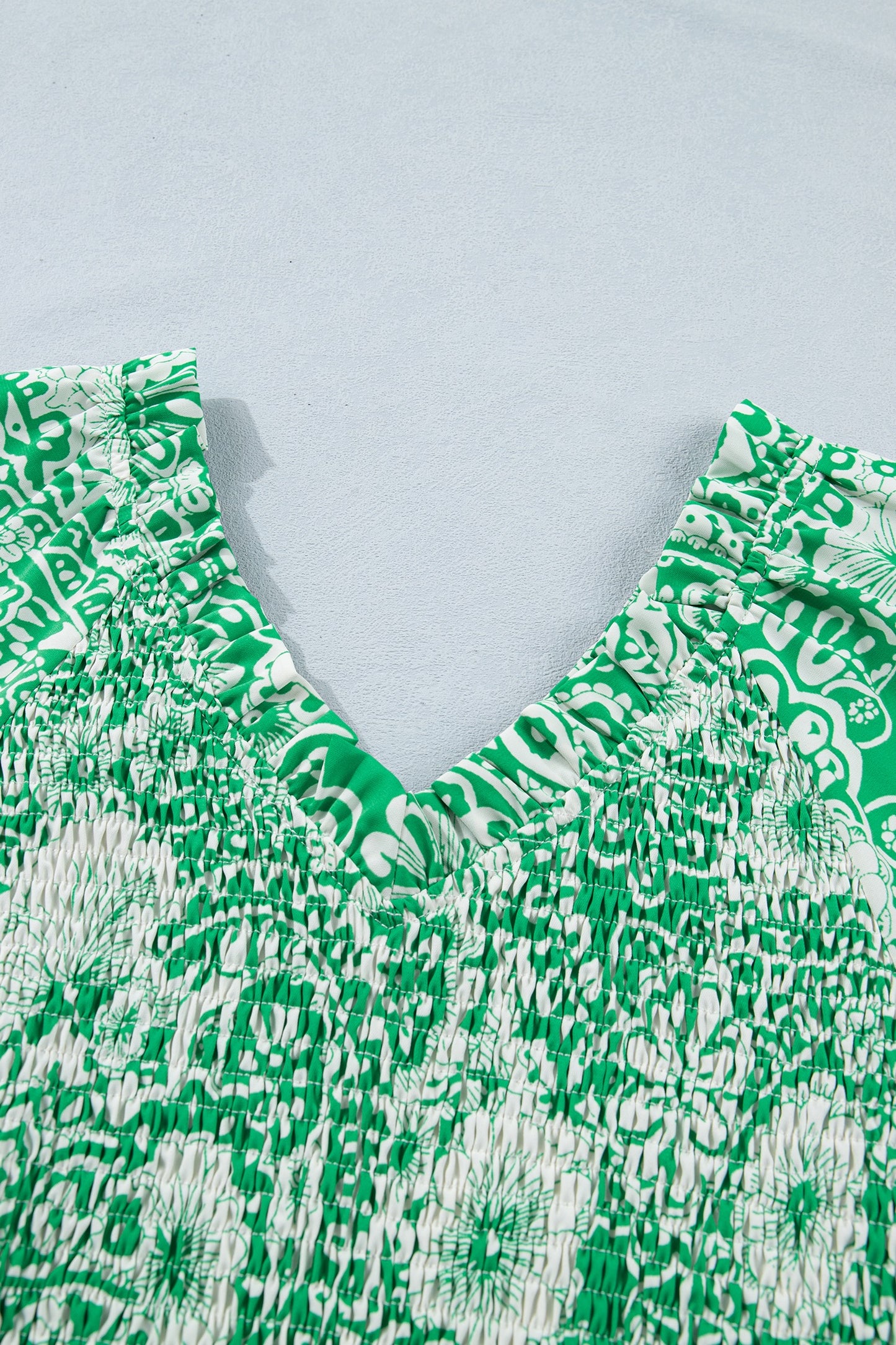 Green Flirty Floral Smocked V Neck Top