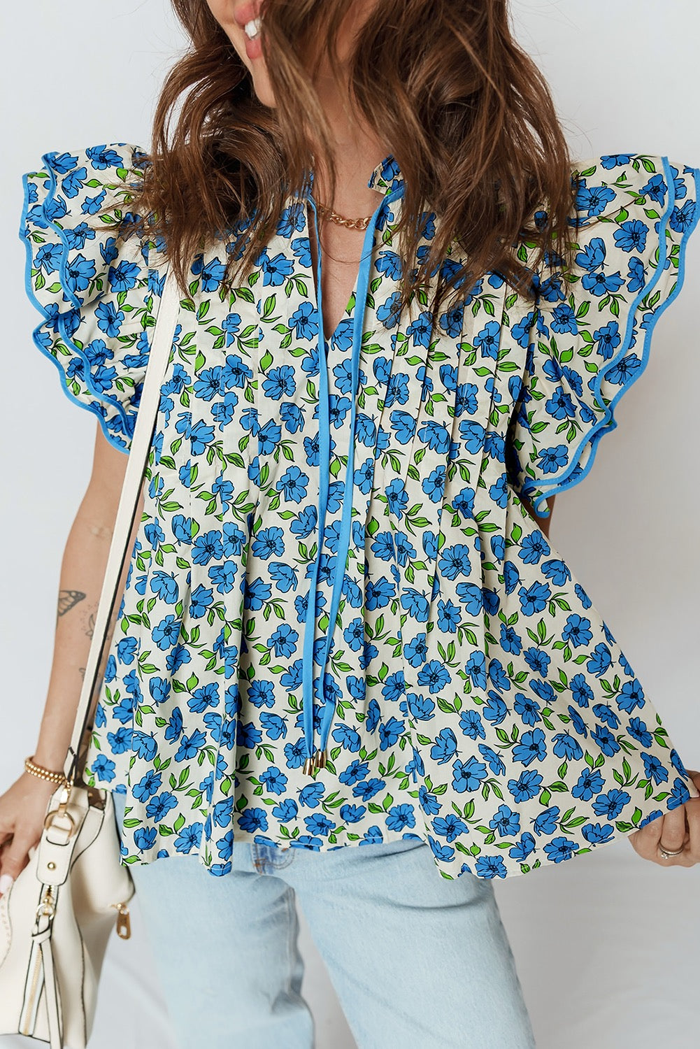 Sky Blue Tiered Flutter Sleeve Pleated Blouse