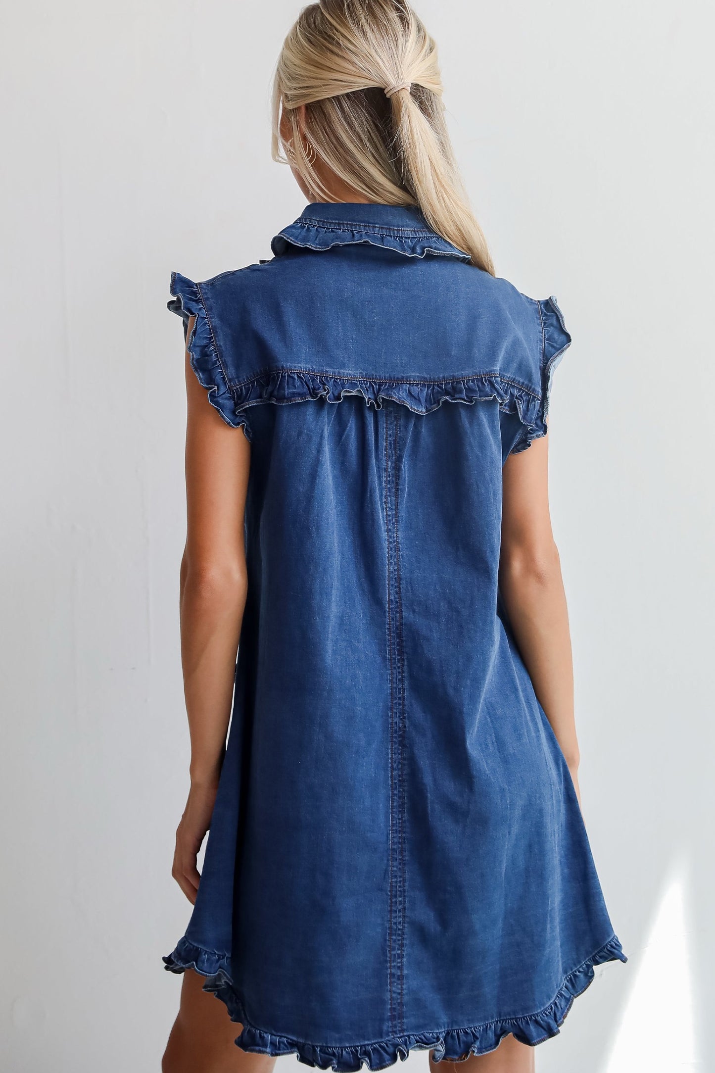 Dark Wash Ruffled Edge Collared Shift Denim Dress with Pockets
