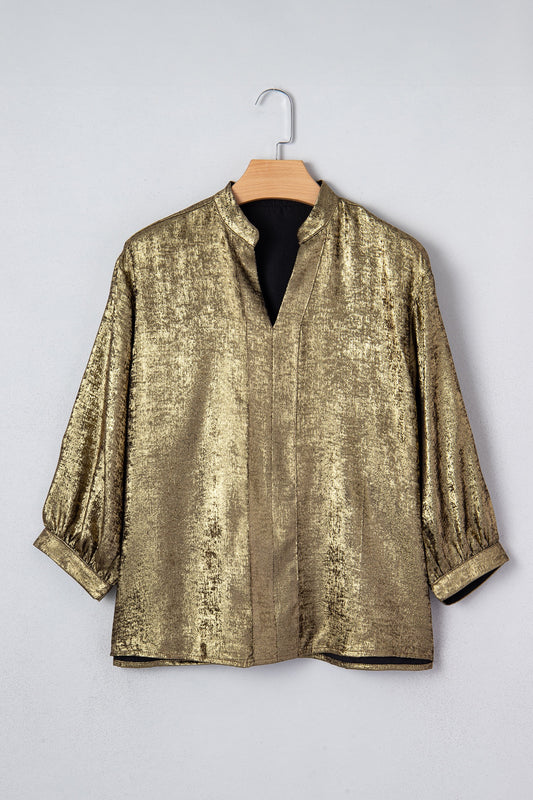 Gold Metallic Split Neck Half Sleeve Blouse
