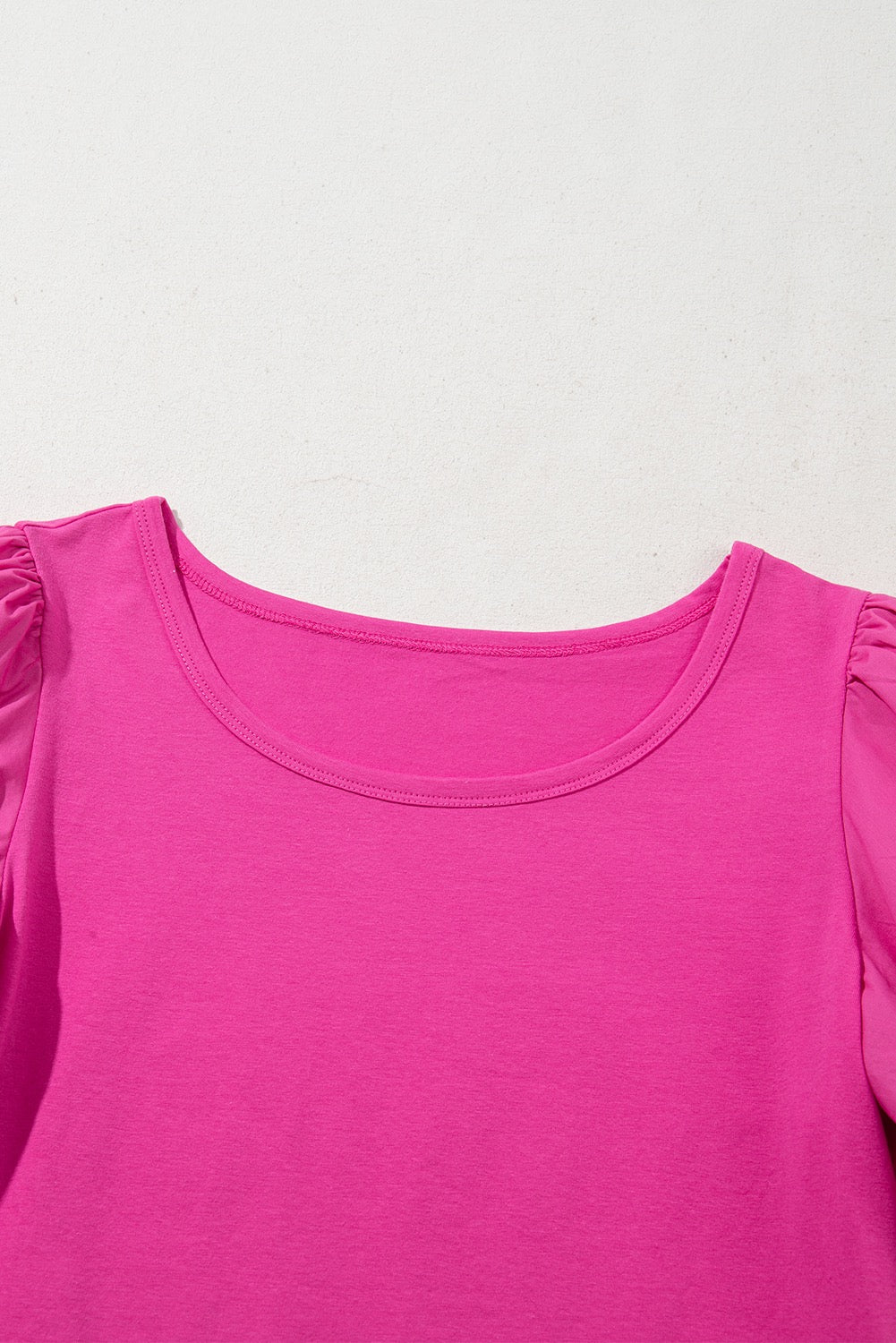 Strawberry Pink Casual Round Neck Bubble Sleeve Tee
