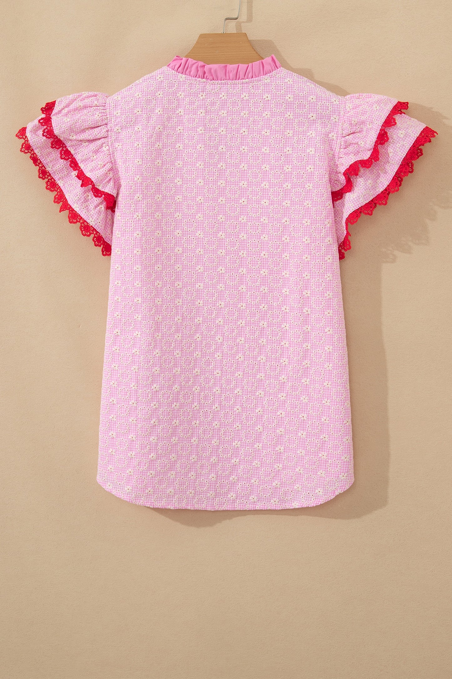Pink Square Neck Short Puff Sleeve Pleated Floral Blouse