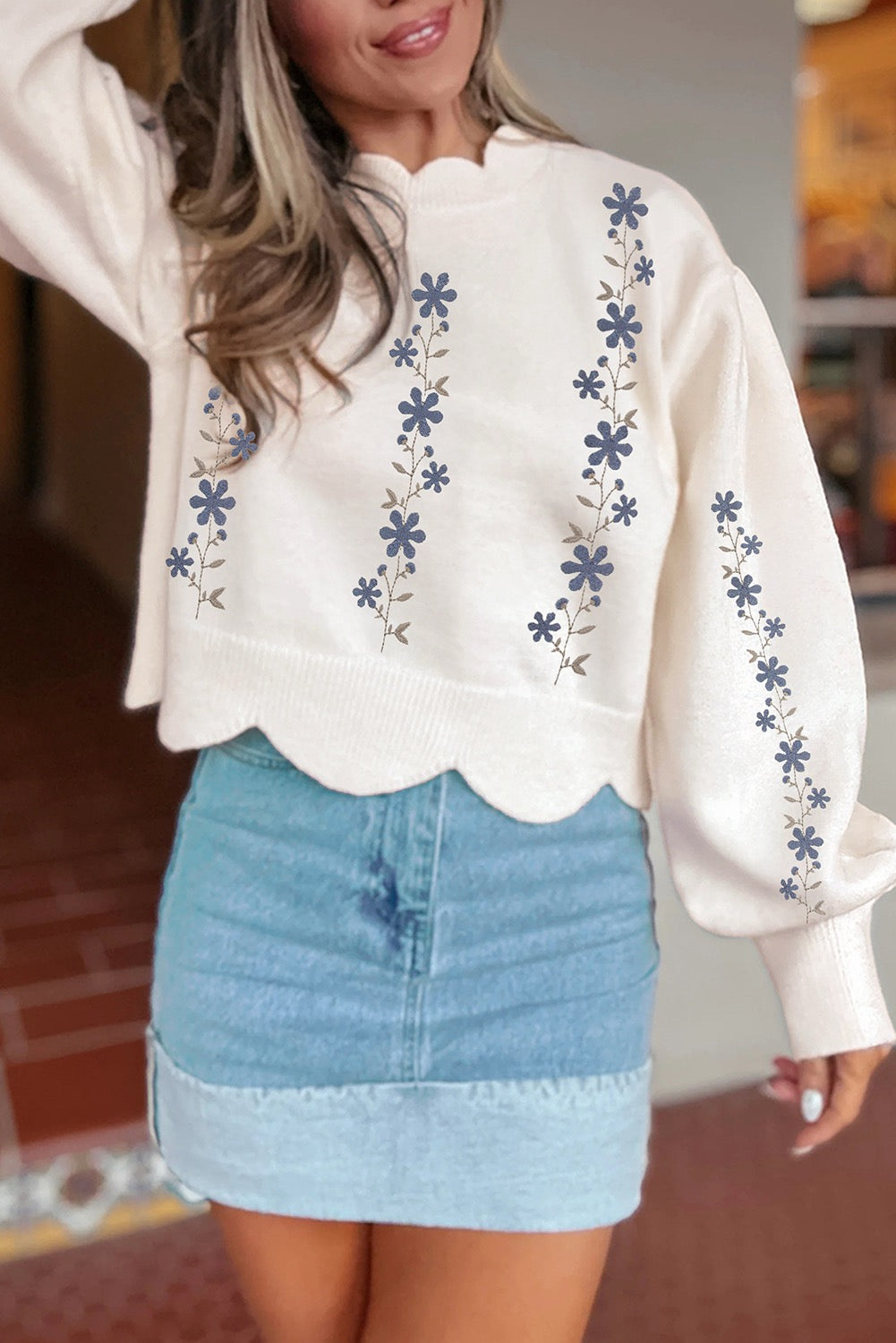 White Floral Embroidered Scallop Hem