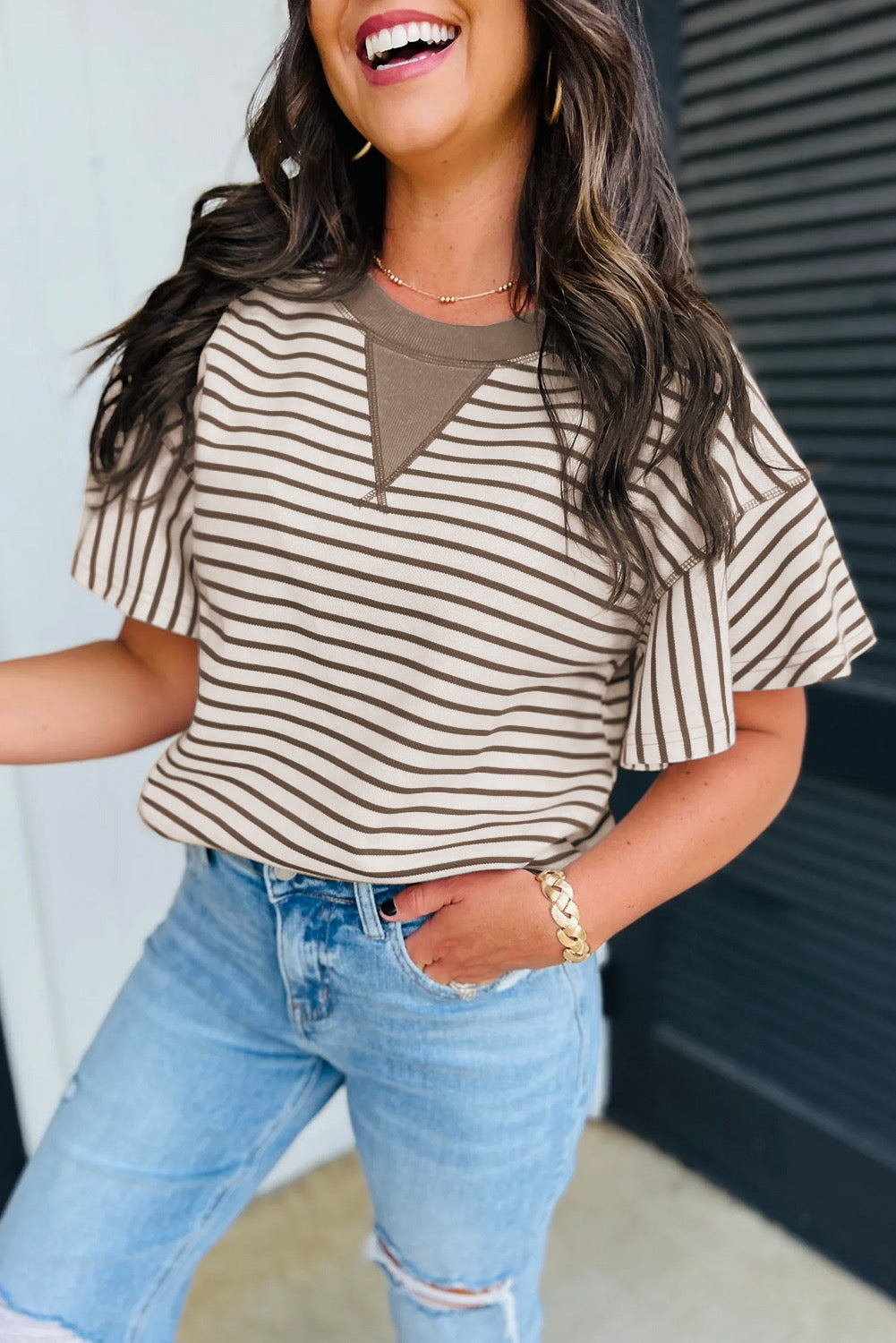 Brown Contrast Detail Striped Ruffle Short Sleeve Top