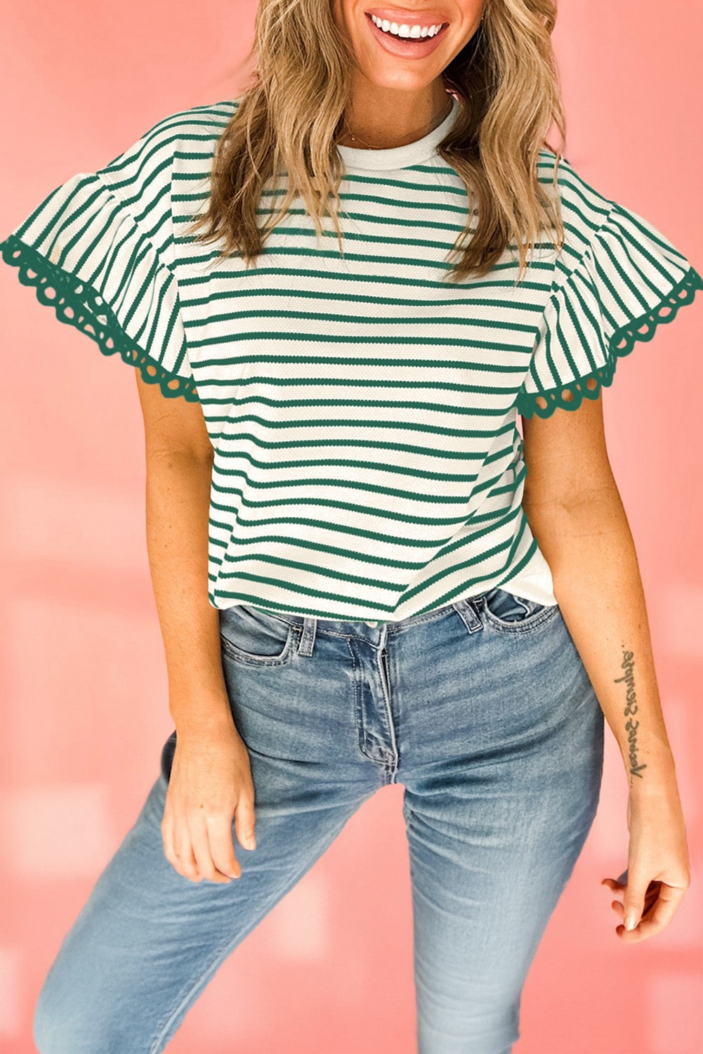Green Stripe Scallop Lace Trim Ruffle Crewneck Top