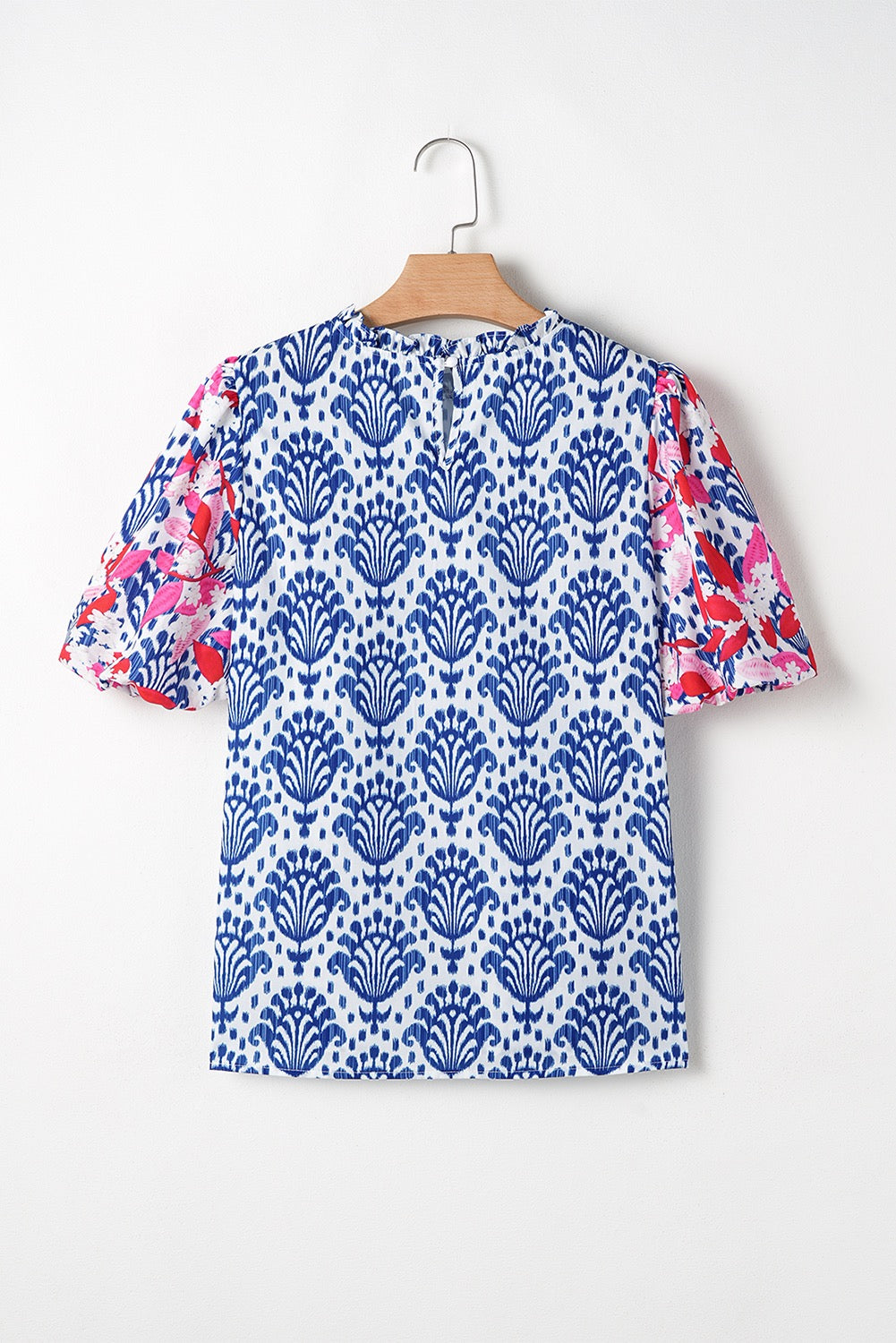 Blue Frill Neck Puff Sleeve Blouse