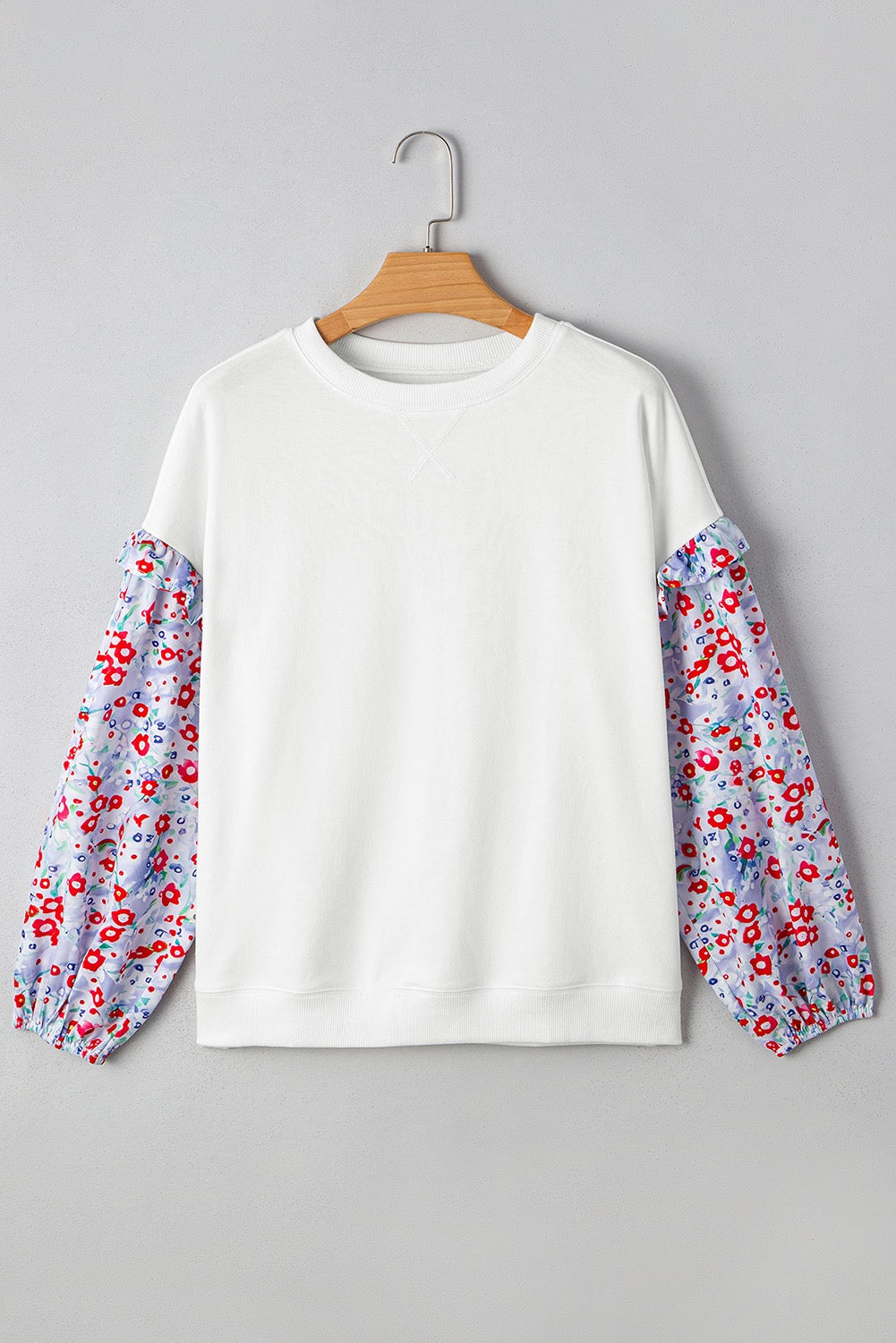 White Floral Ruffled Balloon Sleeve Patchwork Loose Fit Blouse