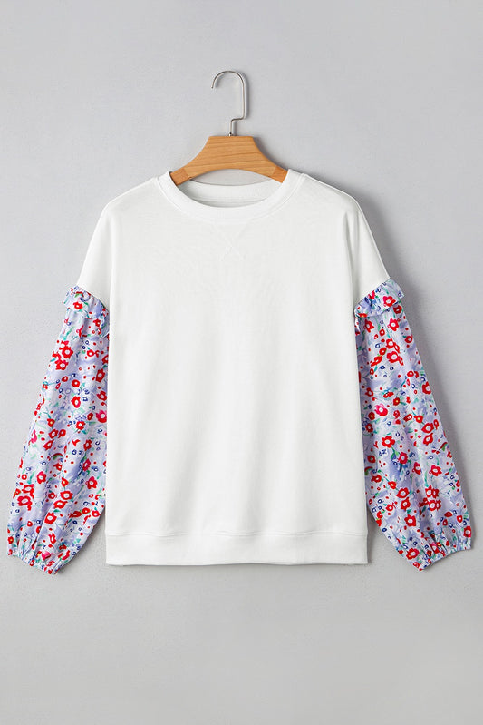 White Floral Ruffled Balloon Sleeve Patchwork Loose Fit Blouse