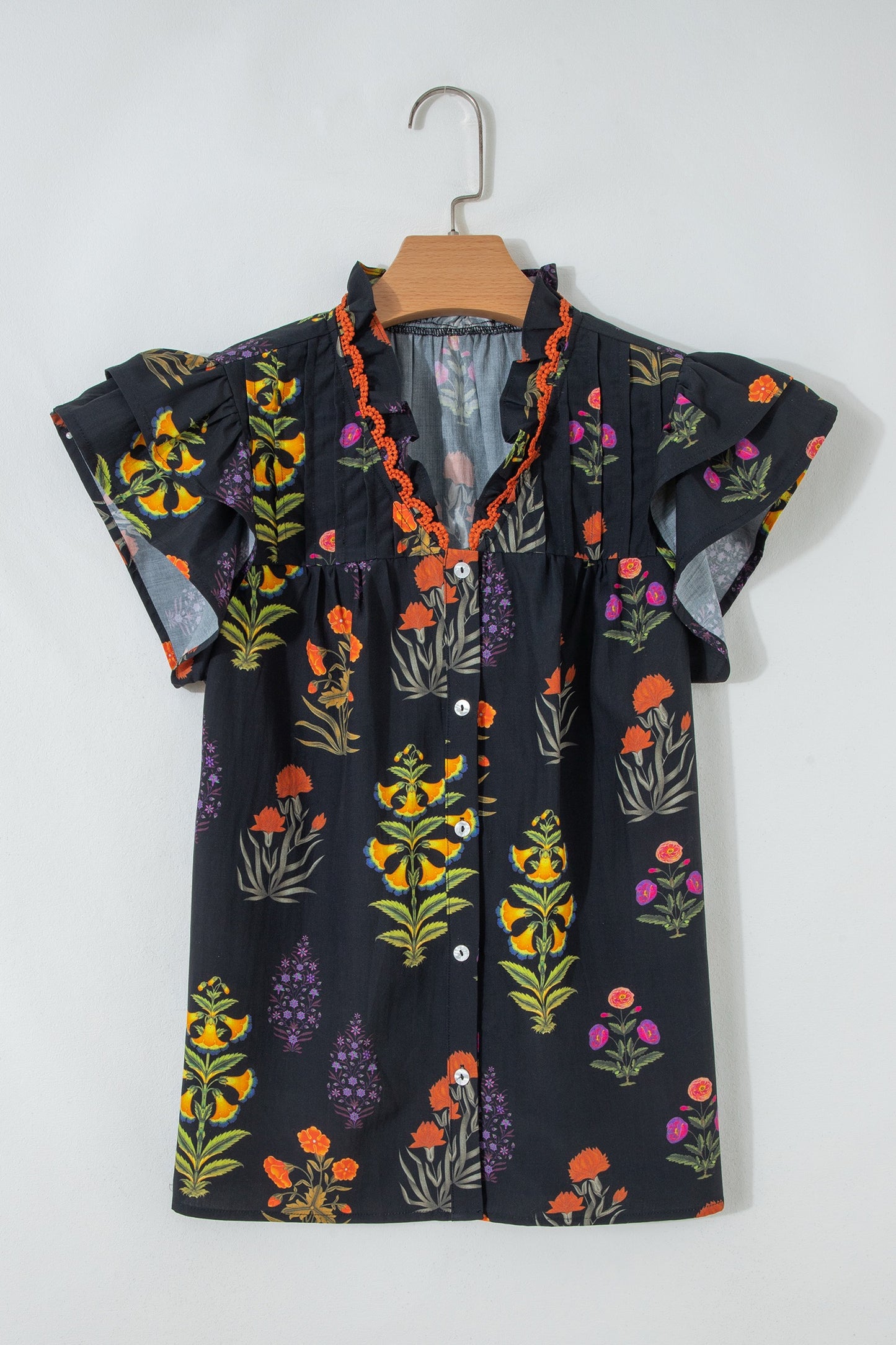 Black Floral Print Lace Trim Frilled V Neck Shirt