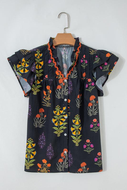Black Floral Print Lace Trim Frilled V Neck Shirt
