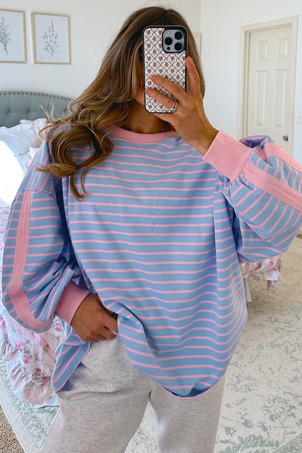 Blue Stripe Oversize Contrast Trim Drop Shoulder Casual Top
