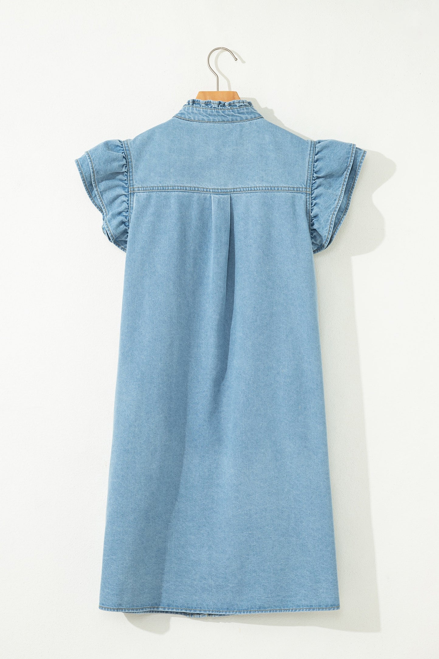 Blue Button Square Neck Short Puff Sleeve Denim Mini Dress