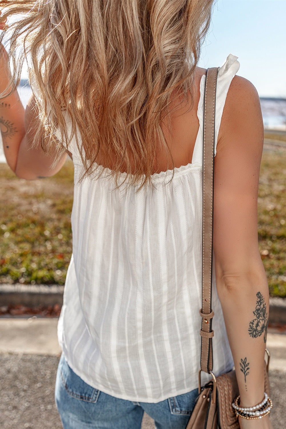 White Lace Crochet Ruffled Buttoned Loose Fit Tank
