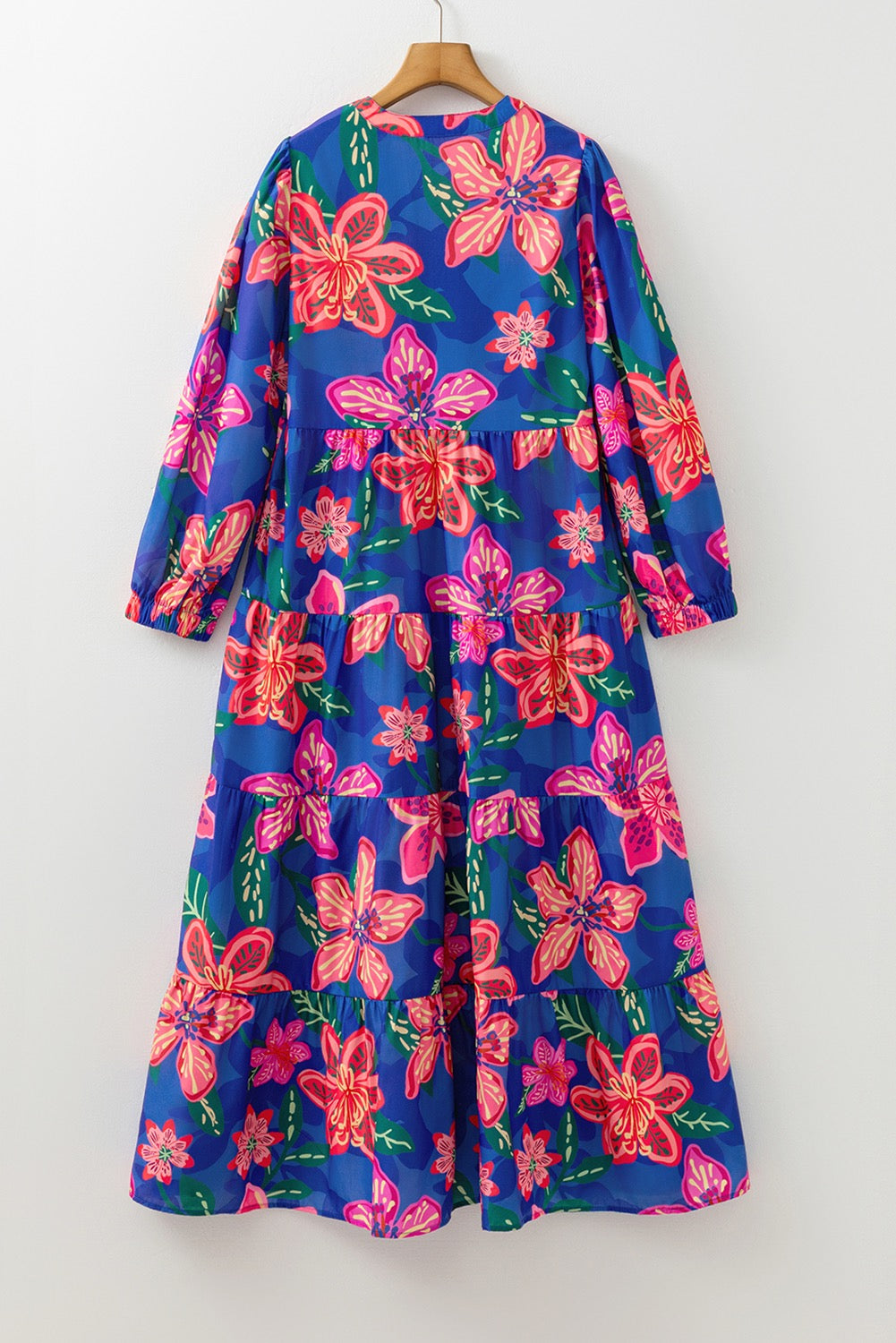 Blue Floral Print 3/4 Sleeve V Neck Tiered Dress