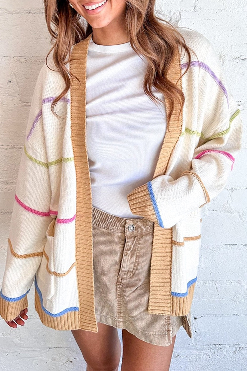 White Color Block Striped Open Front Cardigan