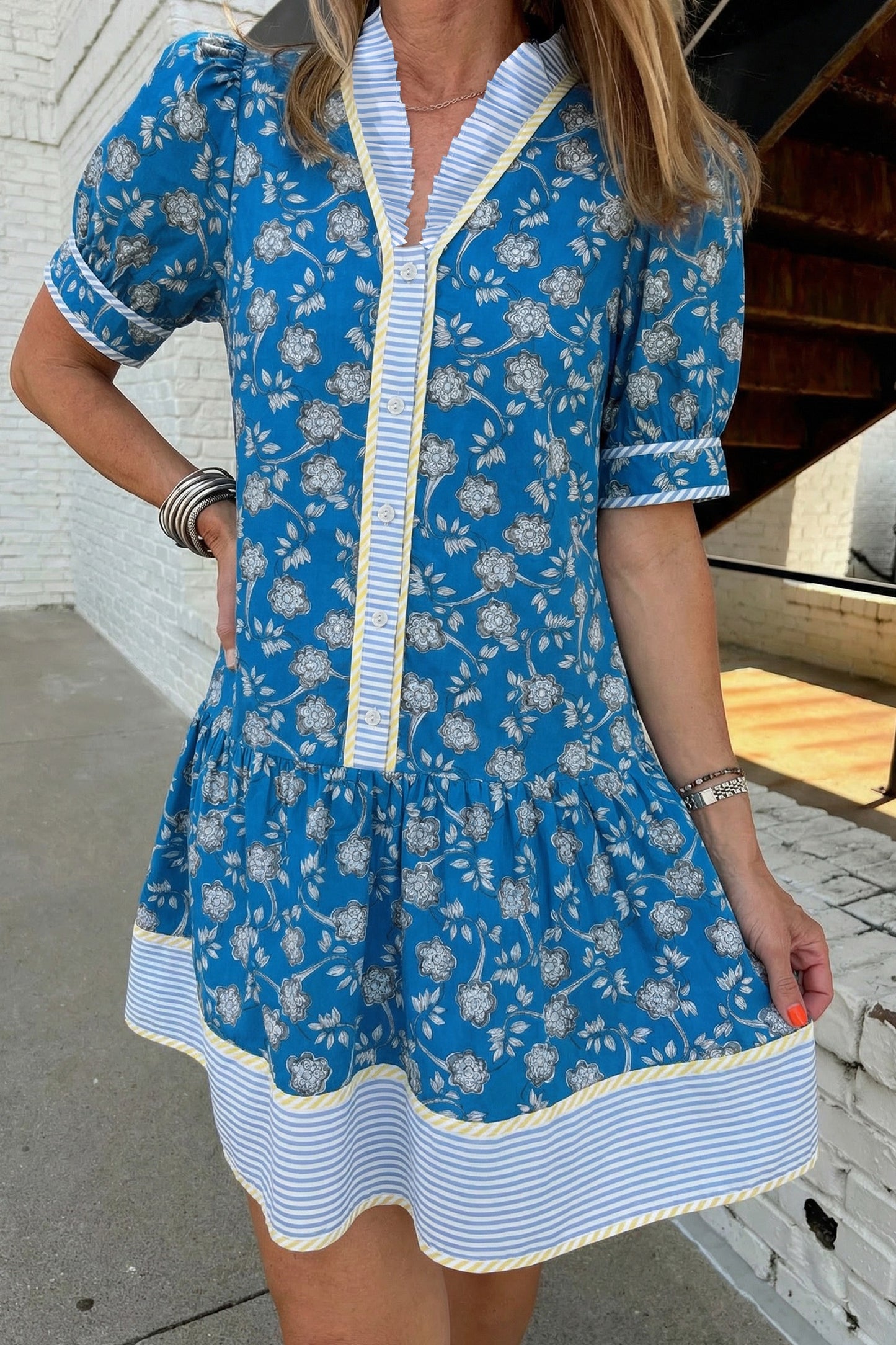 Blue Striped Trim Short Sleeve Floral Dress