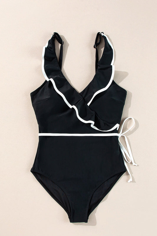 Black Contrast Ruffle One Piece