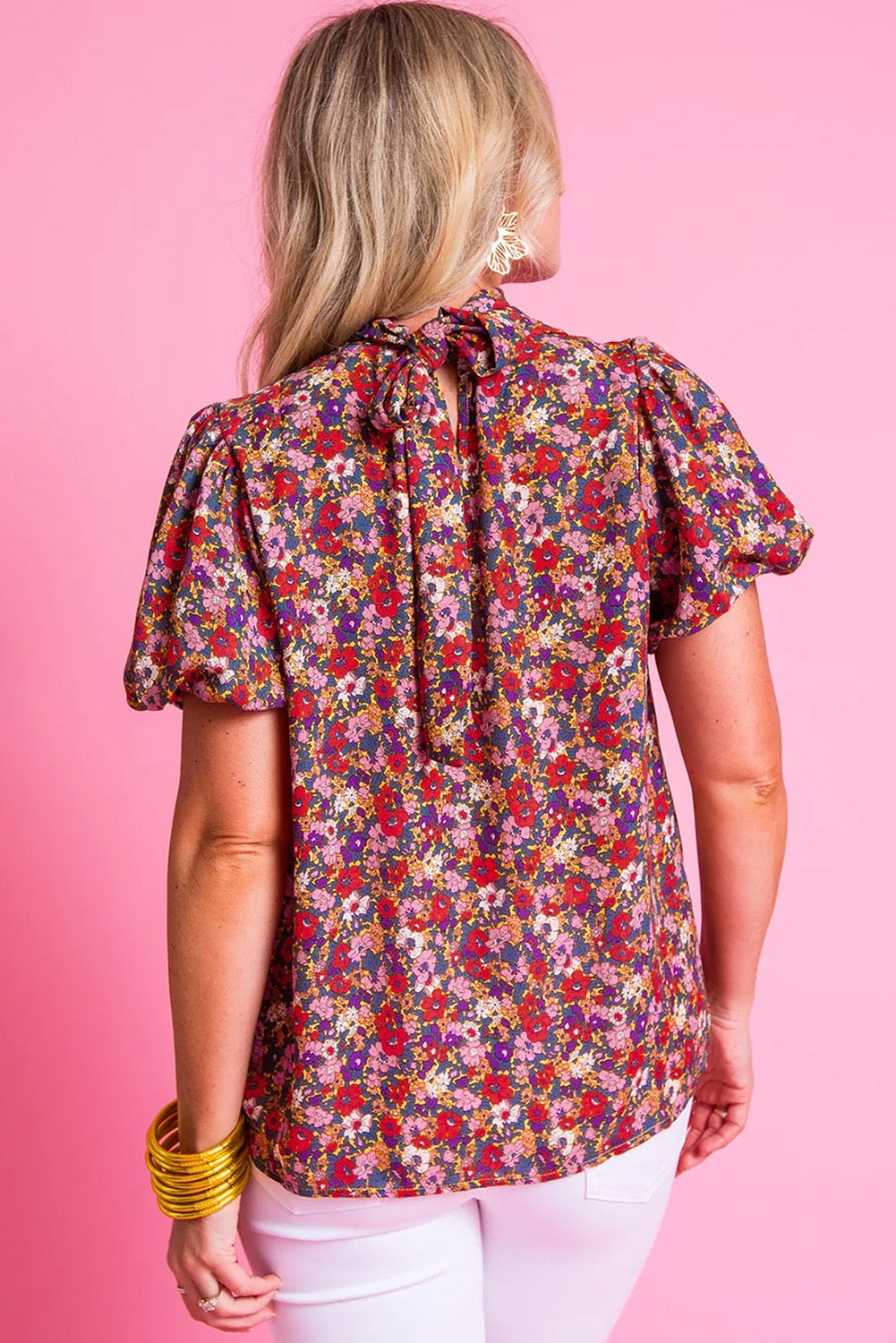 High Neck Puff Sleeve Purple Floral Blouse