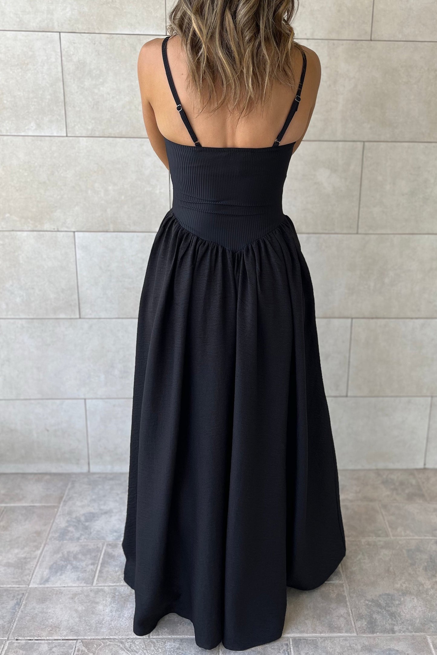 Black Spaghetti Straps Drop Waist Ribbed Patchwork Maxi Dress