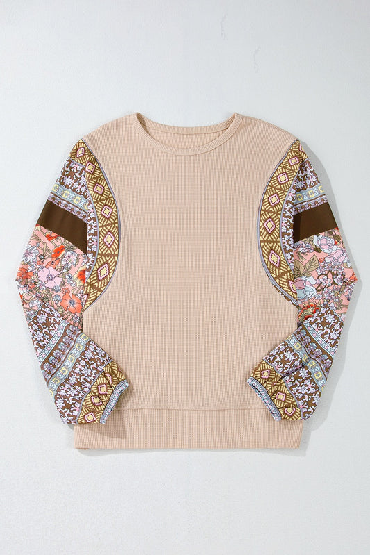 Contrast Floral Patchwork Puff Sleeve Waffle Knit Top