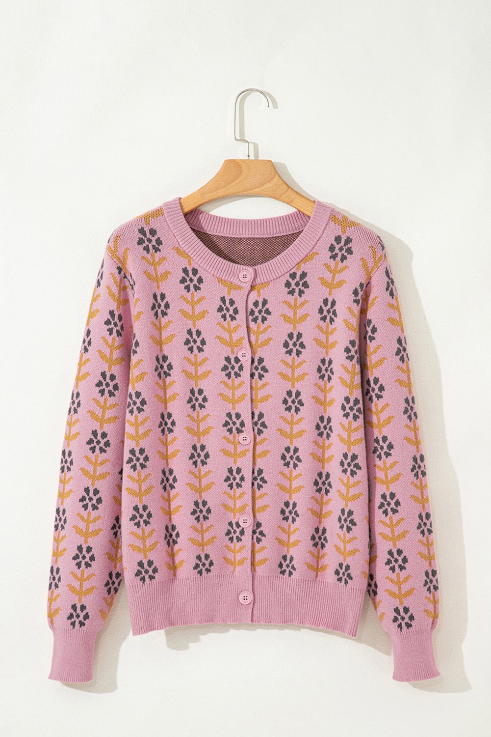 Pink Floral Button Down Ribbed Banded Cardigan