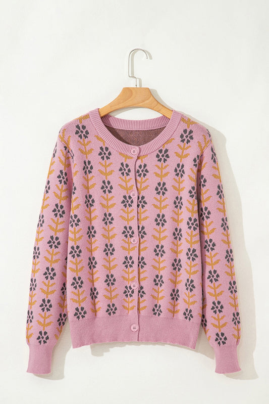 Pink Floral Button Down Ribbed Banded Cardigan