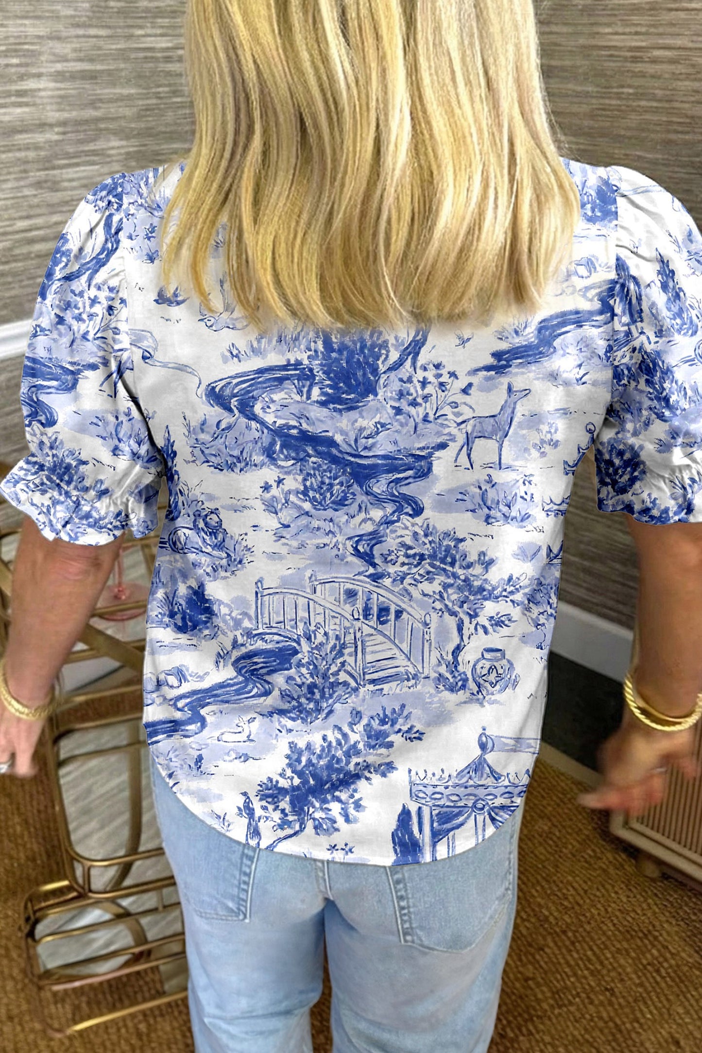 Blue Animal Paradise Striped Detail V Neck Top