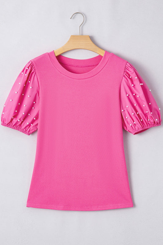 Pink Pearled Puff Sleeve Top