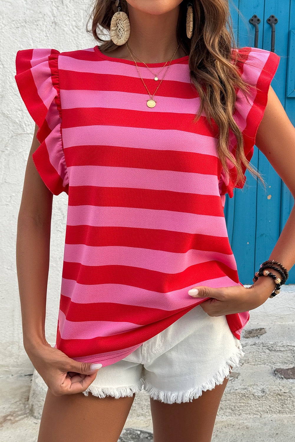 Red Stripe Flutter Sleeve Top