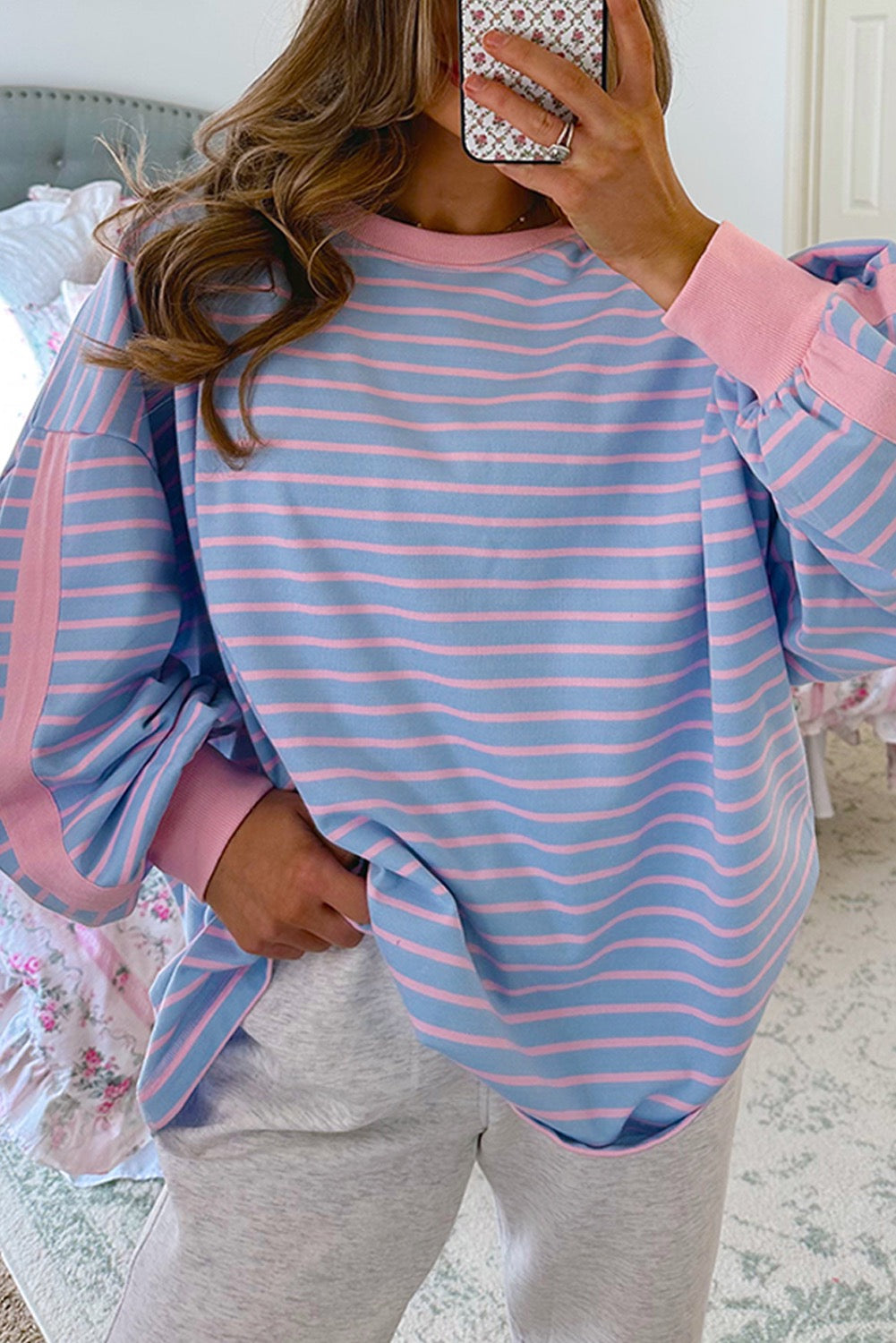 Blue Stripe Oversize Contrast Trim Drop Shoulder Casual Top