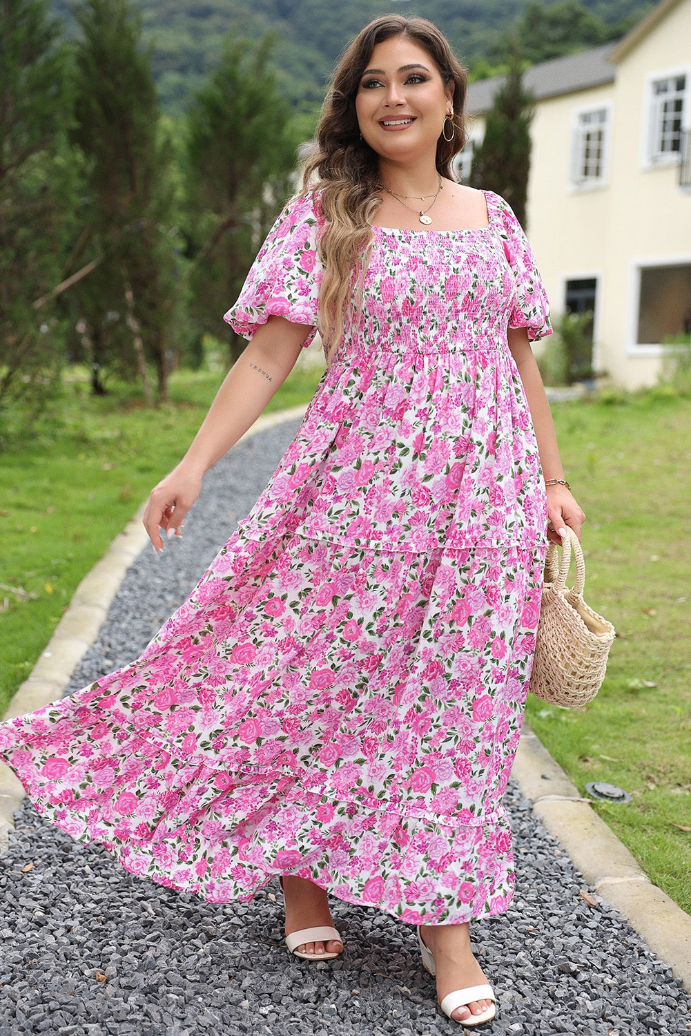 Pink Plus Size Floral Print Smocked Puff Sleeve Maxi