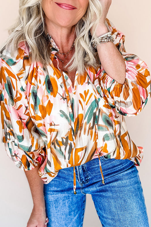 Frilled V Neck 3/4 Length Sleeve Blouse