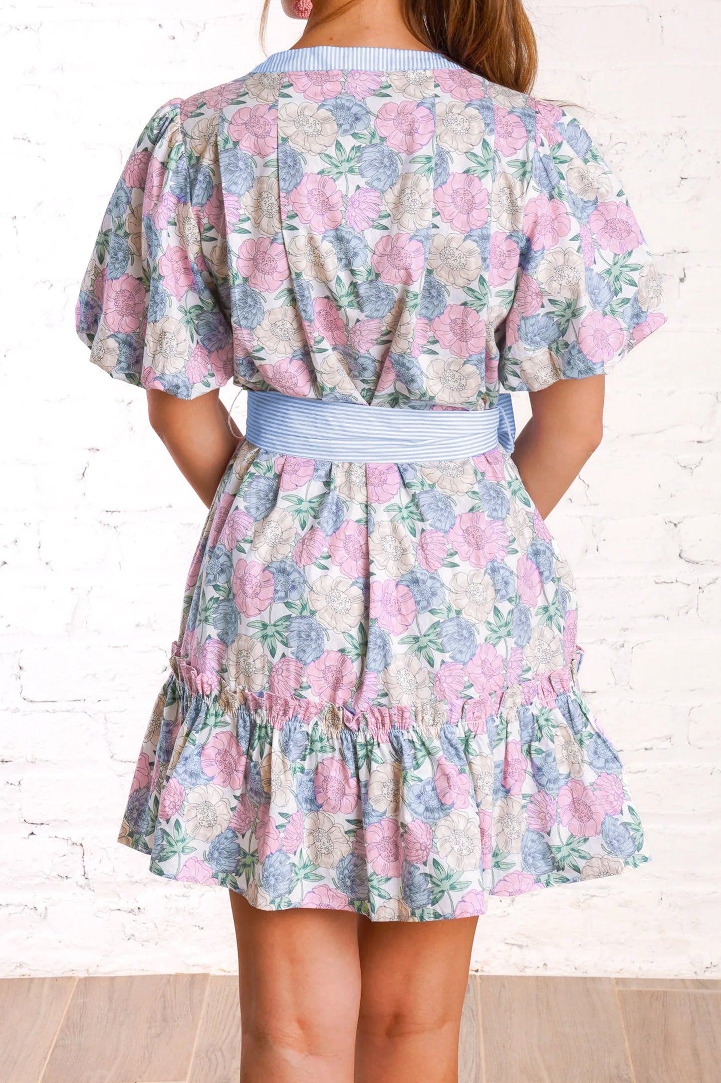Floral Print Striped Trim Belted Dress