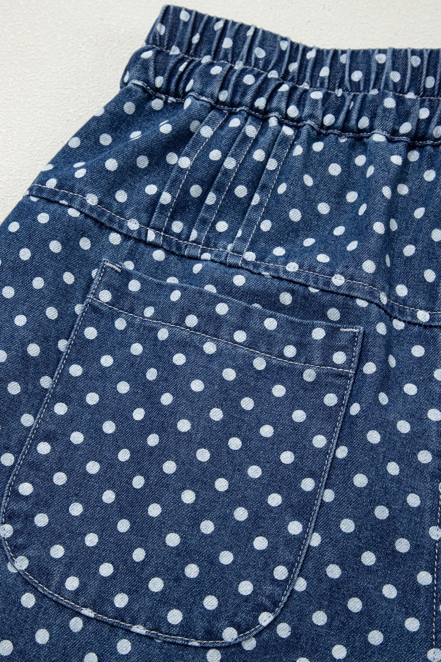 Blue Polka Dot Print Button Pleated Detail Wide Leg Jeans