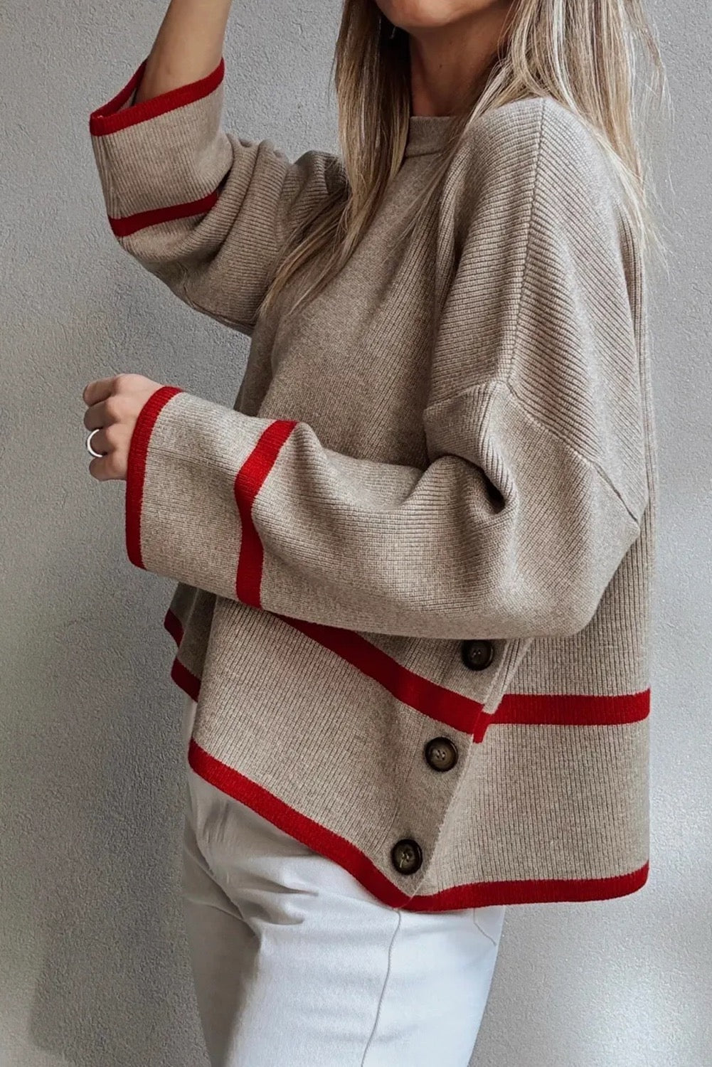 Taupe Ribbed Knit Contrasted Stripe Detail Button Side Loose Sweater