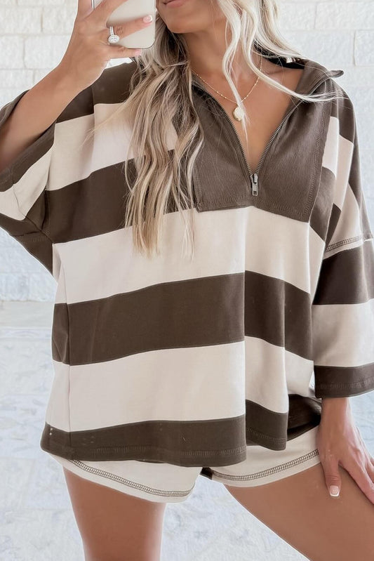 Brown Striped Color Block Zip Collar 3/4 Sleeve Oversize Sweatshirt