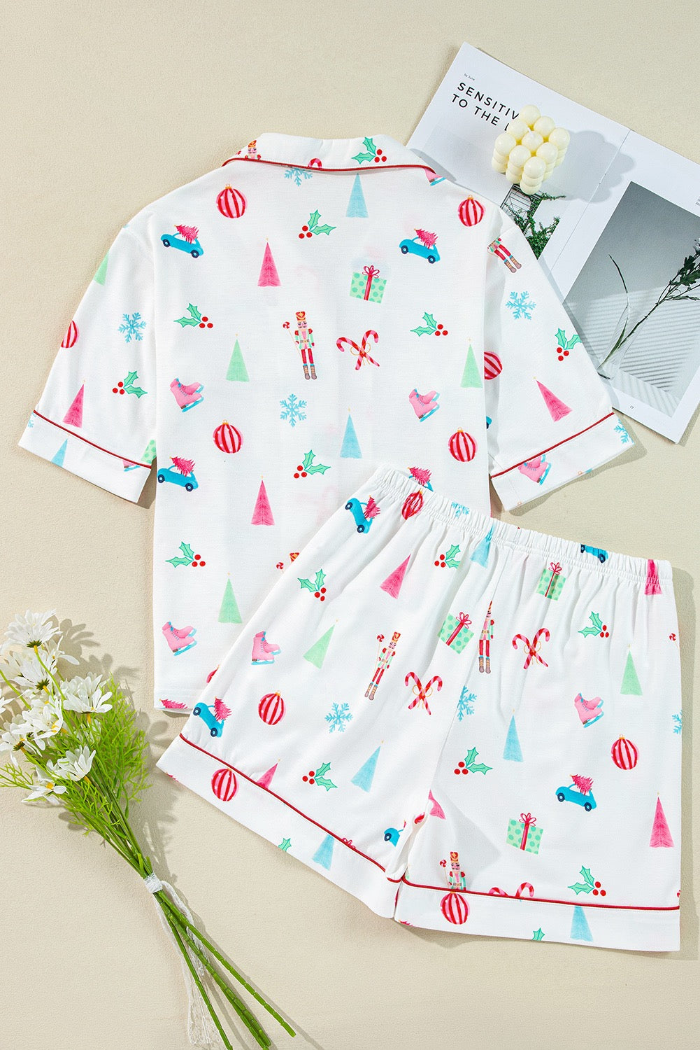 White Nutcracker Christmas Print Short Set