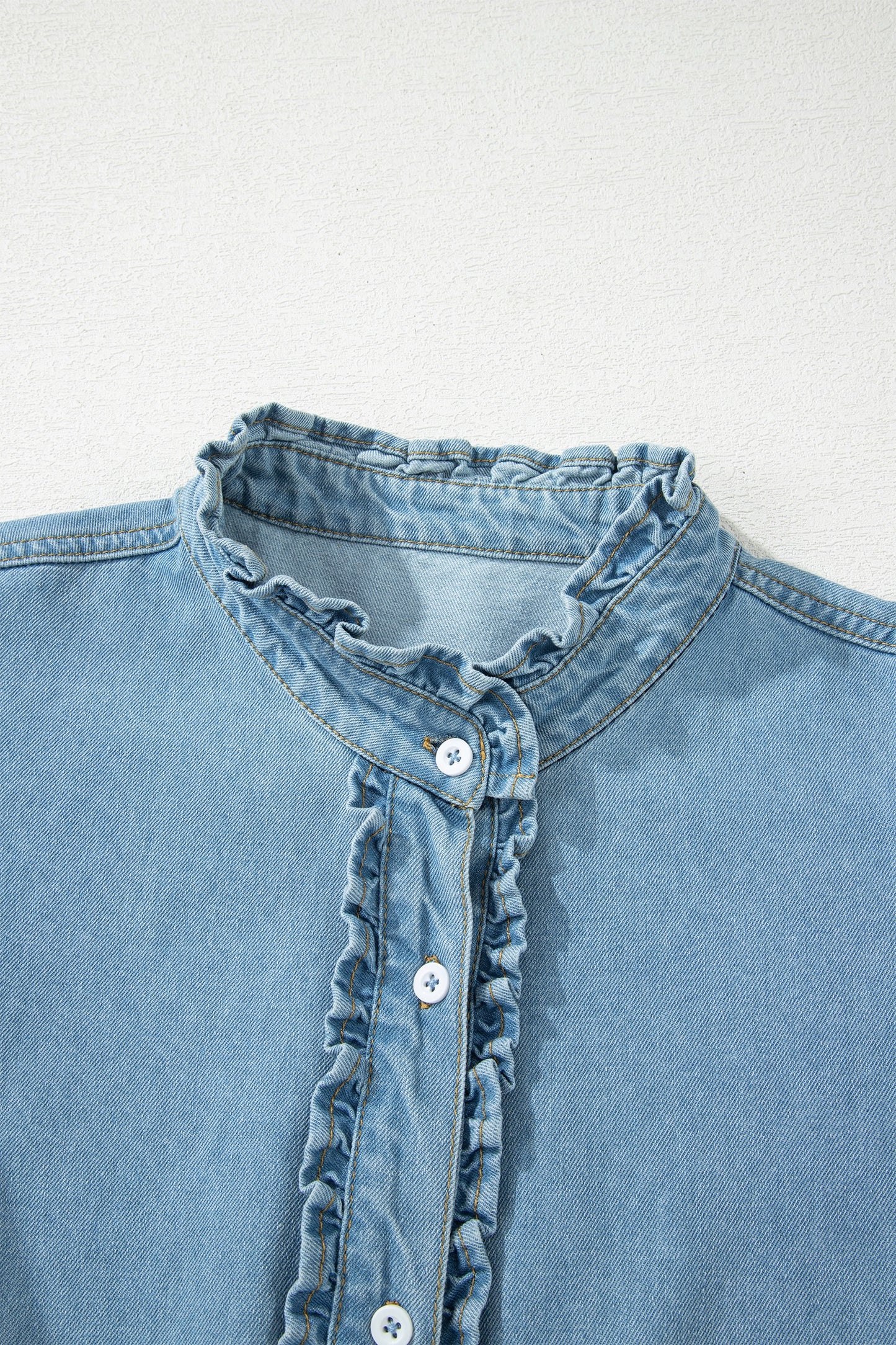 Blue Button Square Neck Short Puff Sleeve Denim Mini Dress