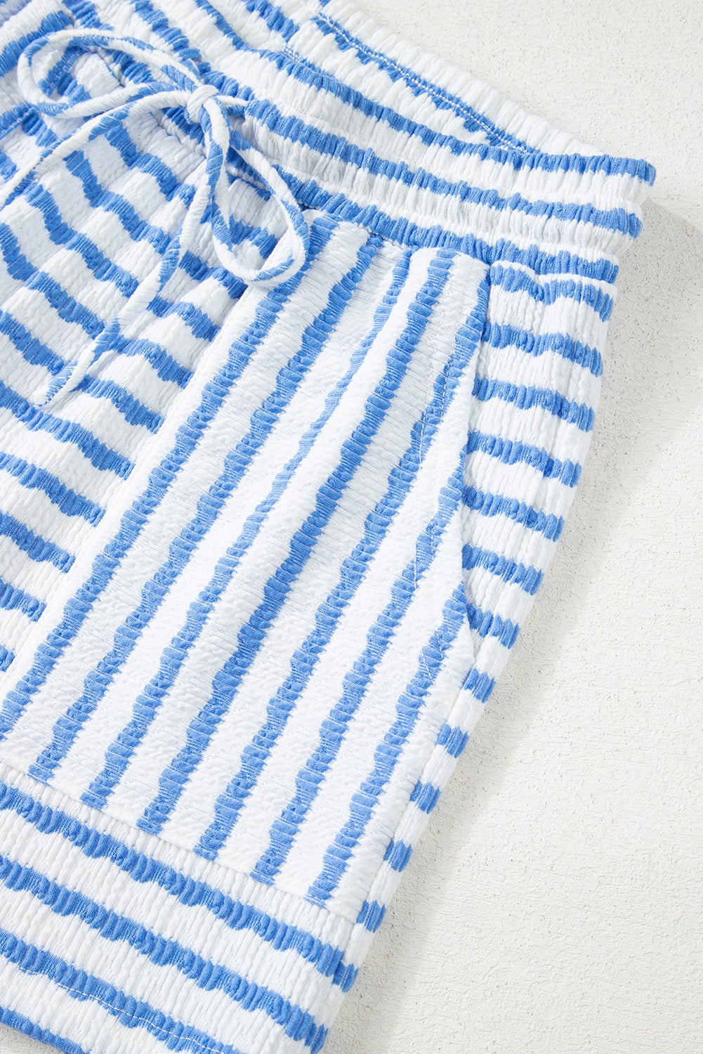 Blue Stripe Knitted Short Sleeve Top and Drawstring Shorts Set