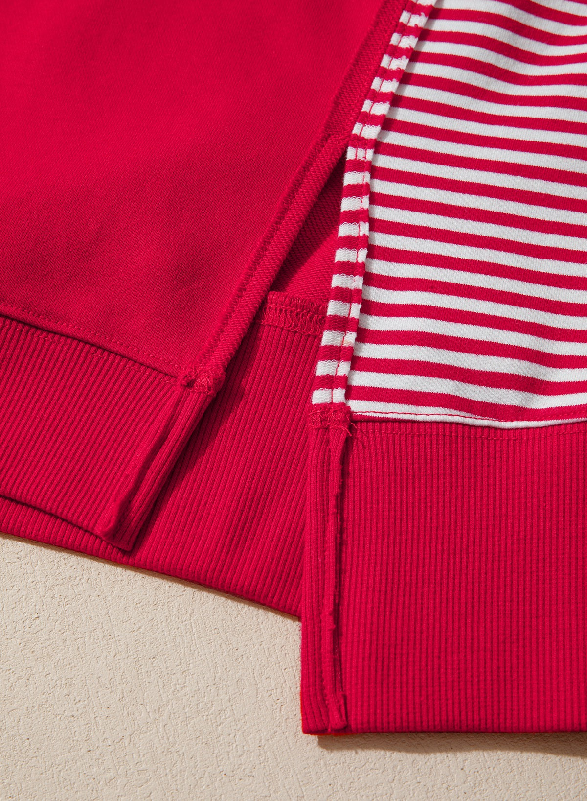 Fiery Red Striped Patchwork Sleeve Colorblock Sweatshirt