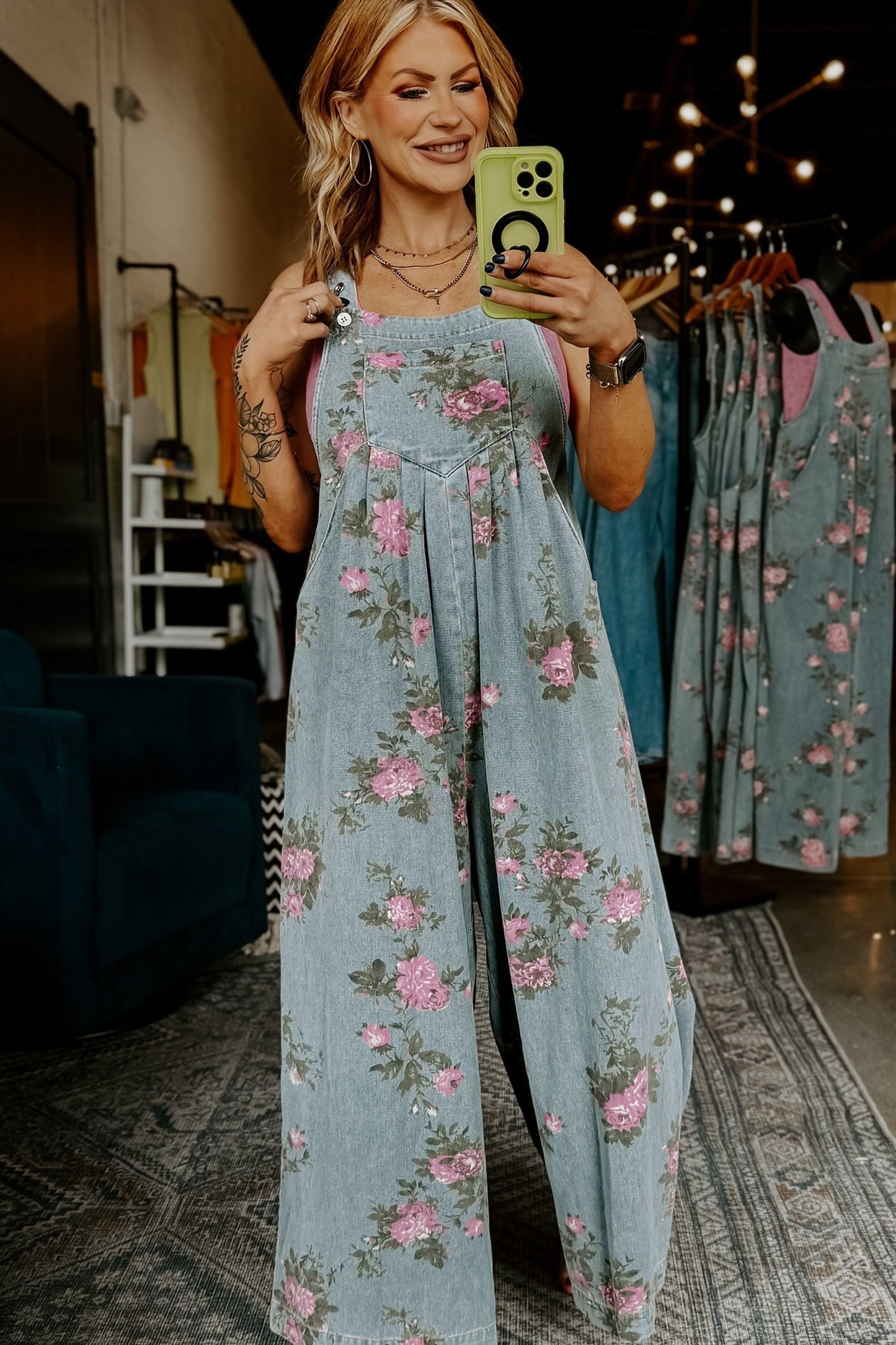 Floral Print Pleated High Waist Wide Leg Denim Jumpsuit (ships March 5)