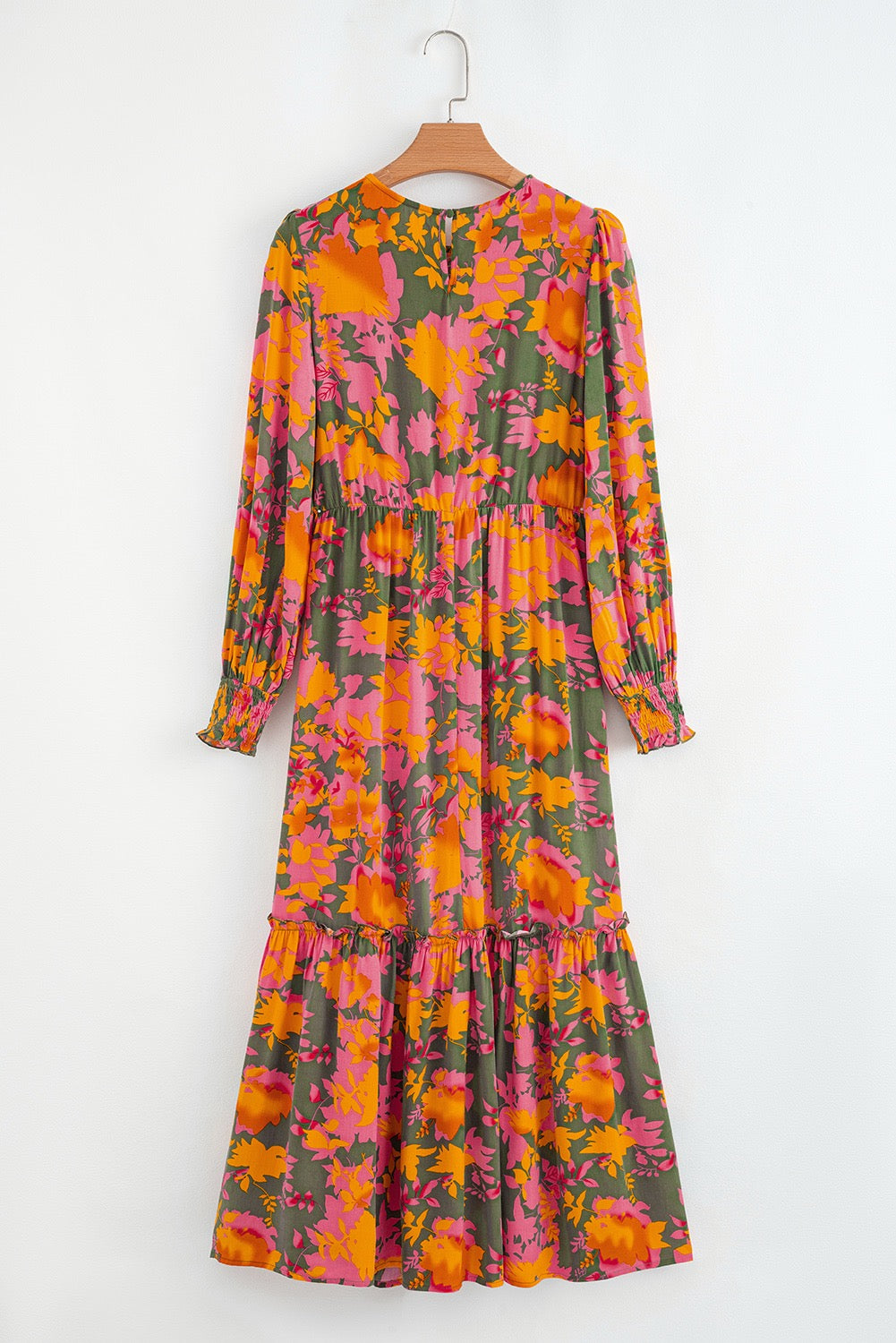 Orange Floral Puff Sleeve Smocked Bodice Ruffled Dress